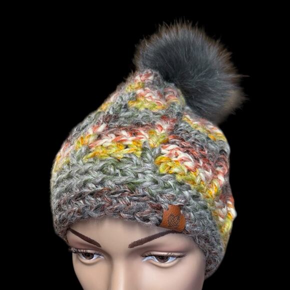Crocheted by Colleen Handmade Beanie Multicolor Knit Hat Faux Fur Pompom Winter - Picture 3 of 8
